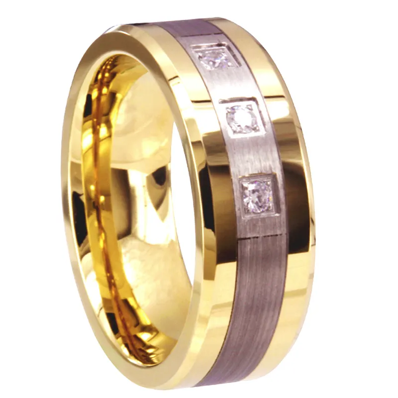 Perhiasan CHENG cincin pernikahan karbida tungsten berlapis emas inlay baja tahan karat CZ putih kustom