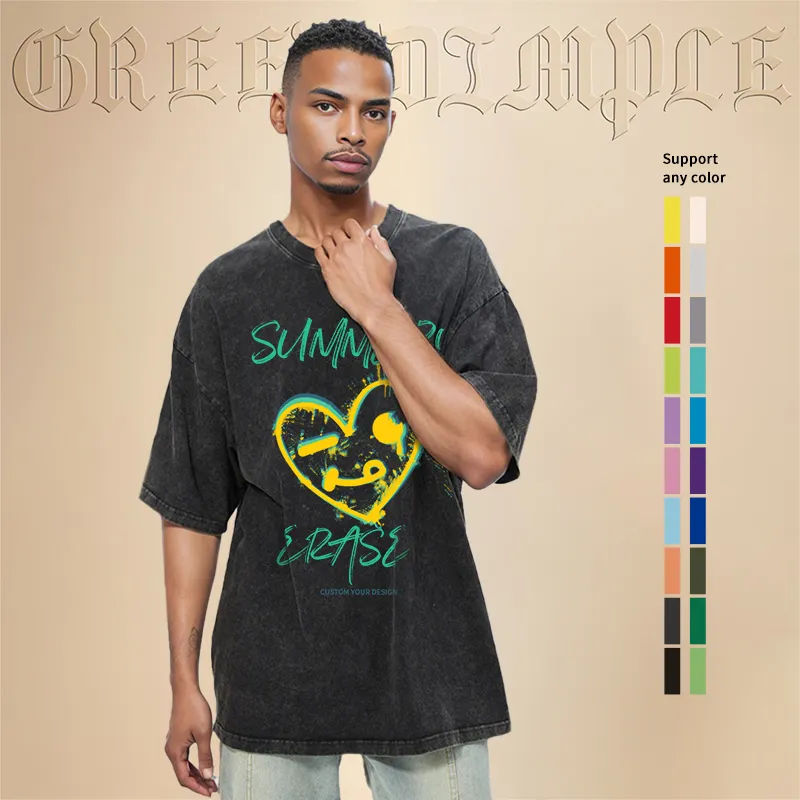 Verde hoyuelo personalizado 100% algodón lavado ácido Streetwear gráfico camisetas Vintage de gran tamaño camisetas de los hombres