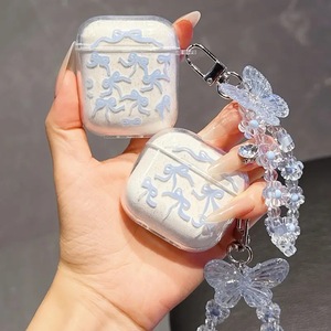 Funda para Apple AirPods, diseño exclusivo translúcido azul brillante con lazo y cordón, funda para auriculares a prueba de golpes - Product Image 1