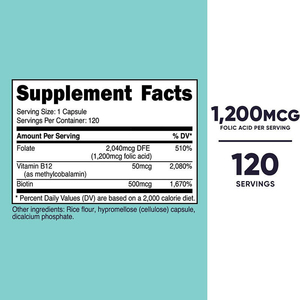 Ácido Fólico con Biotina y Vitamina B12 1200mcg 120 Cápsulas Suplemento Dietético Ácido Fólico para Mujeres Cápsulas de Vitamina B9 y B12 - Product Image 3