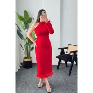 Robe moulante rouge à une épaule, col haut, en satin, longueur midi, avec bordure en plumes - Product Image 1