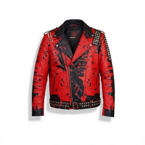 Studded Red Black Leather Winter Biker <b>Jacket</b>-<b>Punk</b> Rock Distressed Front Logo Skulls Pattern for Men Ranchos Range Heavy up 6XL - Product Image 1