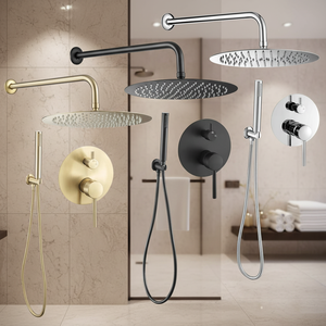 Modernes Duschsystem aus Gebürstetem Gold mit Thermostat-Regendusche (Hochdruck), Handbrause aus Messing und Design-Set - Product Image 1
