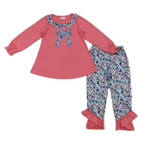 GLP2777 RTS Pequeños lazos florales Bordado otoño trajes niños al por mayor niña manga larga conjunto de ropa infantil - Product Image 1