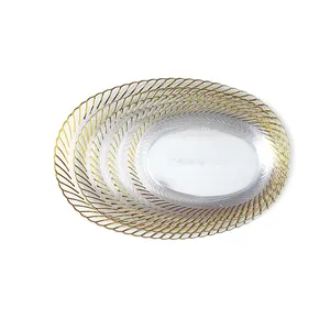 Gold Rimmed Luxury Unbreakable Snack Dessert Oval Transparent Plastic Fuit Plate Fuit Tray