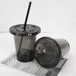 Thick Black Boba U Shape Drink Custom Logo Disposable Plastic PET Cup With Lid