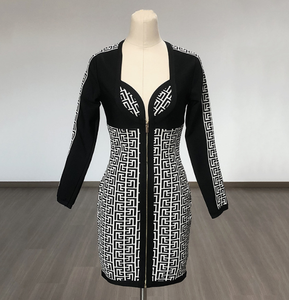 <span class=keywords><strong>Labyrinthe</strong></span> Jacquard Bandage Col en V Robe à glissière sur le devant Robe sexy à manches longues blanche et noire pour club de fête - Product Image 3