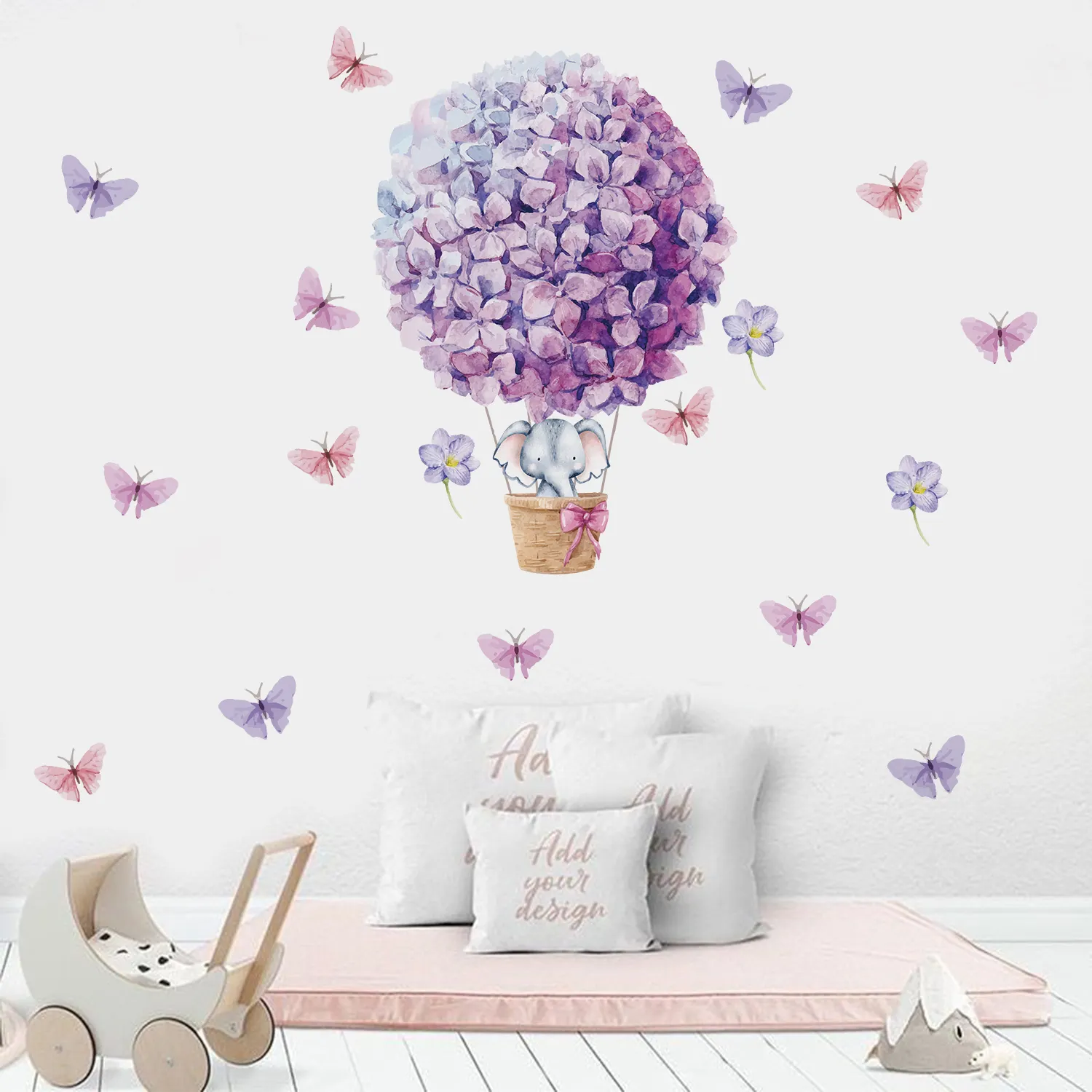 Funlife PY071 Purple flowers hot air balloon with elephant and flying butterfly decal kids room wall sticker