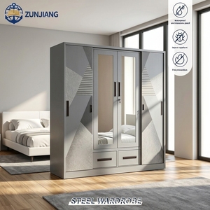 <span class=keywords><strong>Armoire</strong></span> moderne à quatre portes coulissantes en acier pour chambre à coucher, <span class=keywords><strong>armoire</strong></span> simple Almiriah, <span class=keywords><strong>penderie</strong></span> en métal <span class=keywords><strong>avec</strong></span> miroir - Product Image 1