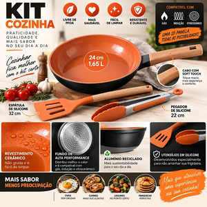 Poêle à frire antiadhésive en céramique orange avec manche en bois et ensemble d'ustensiles (spatule, pinces) - Product Image 6