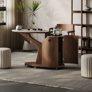 <b>Walnut</b> Wood Tea <b>Table</b> With Storage Movable Outdoor Tea Cart For Balcony Home Use - Product Image 1