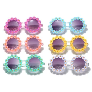 流行可爱雏菊婴儿学步墨镜UV400定制派对沙滩彩色塑料圆形花朵形儿童太阳镜