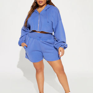 Casual <b>Sexy</b> Vintage <b>Women</b> Windproof Winter Tracksuit Hoodie and Shorts Set Acid Wash Zip Crop 2 Piece Custom Track <b>Suit</b> - Product Image 3
