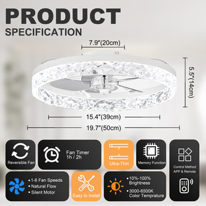 พัดลมเพดานขนาด 19.7 นิ้ว พร้อมไฟ LED 3CCT ควบคุมผ่านแอพพลิเคชั่น รีโมทคอนโทรล ปรับความเร็วได้ 6 ระดับ เงียบ ไฟสีขาว เหมาะสำหรับห้องนอน - Product Image 6