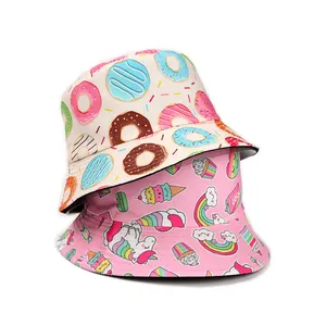 여름 비치 모자 여자 소녀 양면 뒤집을 수있는 모자 아이스크림 도넛 유니콘 프린트 파나마 어부 모자 만화 버킷 모자