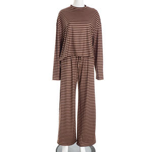 Viviblook Q25ST338 Nouvel ensemble deux pièces pour femme : T-shirt rayé imprimé à col rond et manches longues avec pantalon à cordon de serrage - Product Image 5