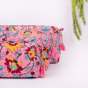 Custom Women Eco-Friendly Recyclable Quilted Zipper Foldable Lightweight Large Cosmetic Bag Travel <b>Storage</b> Flower Printed Cotton - Product Image 5