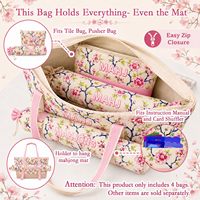Set Tas Mahjong Mewah 4 Buah dengan Kain Oxford, Rak Ubin Mahjong Amerika, Alas Desain Bunga Pink untuk Pesta & Perjalanan