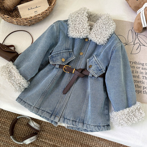 Giacca di Jeans in Velluto Calda e Morbida da <span class=keywords><strong>Bambina</strong></span> Novità 2025 Versione Coreana Top Spesso Medio-Lungo Autunno e Inverno per Bambini - Product Image 1
