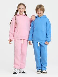 Großhandel Hochwertige Samt-Gefütterte Freizeit-Hoodie-Sets für Kinder 350g Individueller Logodruck Unisex Sweatshirt & Jogginghosen Sets - Product Image 4