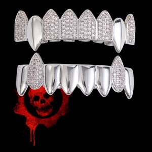 Grillz pour hommes style vampire européen-américain, bicolore, en zircon, pour fête et hip-hop, ornements dentaires à pointes, design géométrique - Product Image 3