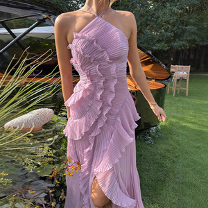 Vestido <span class=keywords><strong>Largo</strong></span> <span class=keywords><strong>de</strong></span> Fiesta con Cuello Halter y Volantes Plisados, Color Morado Claro, Directo <span class=keywords><strong>de</strong></span> Fábrica, Personalizado para Mujer - Product Image 1