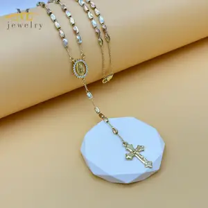 JML obral besar kalung liontin salib bermanik tiga warna dengan jimat Perawan Maria kalung rosario religius untuk wanita dan M