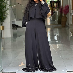 Conjunto de 2 Piezas para Mujer: Blusa de Cuello Redondo con Mangas Irregulares y Pantalones Anchos con Cuentas - Product Image 4