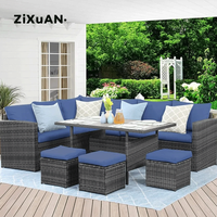 Canapé d'angle de jardin d'extérieur en rotin tressé avec coussins lavables et table basse en verre