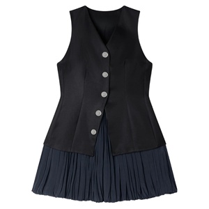Robe de cocktail de luxe pour femme, noire, effet deux pièces, col rond, sans manches, à 3 boutons dorés, plissée et à empiècements, respirante et amincissante - Product Image 1