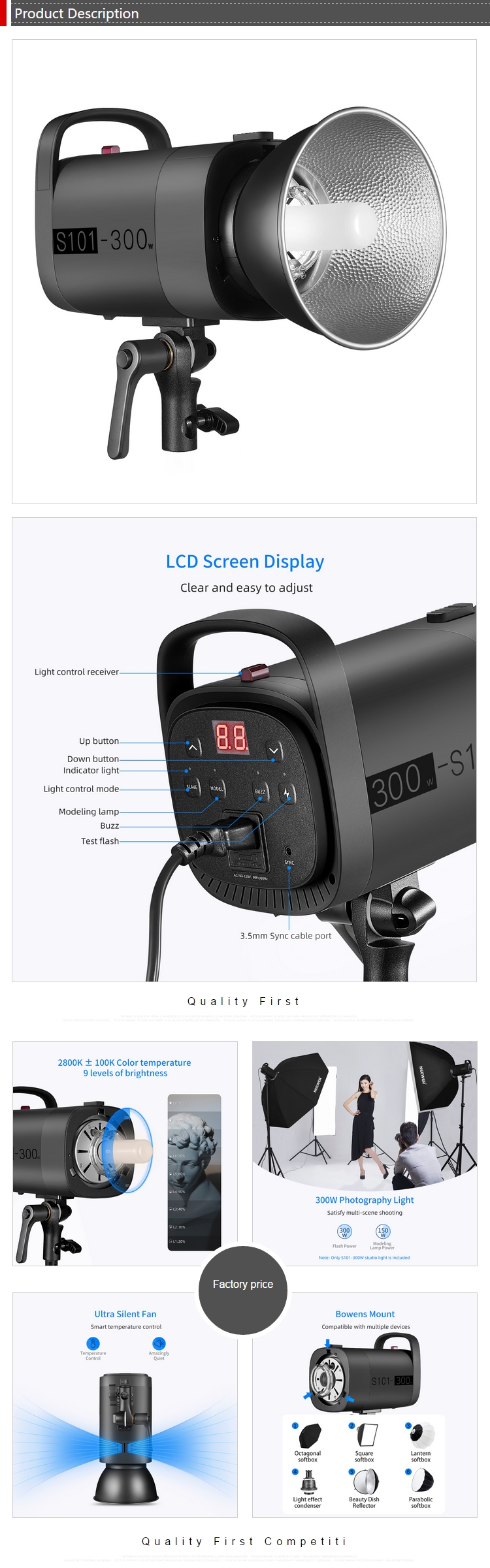 Neewer S101-300W Studio Moonlight Strobe Flash Light 300W 5600K