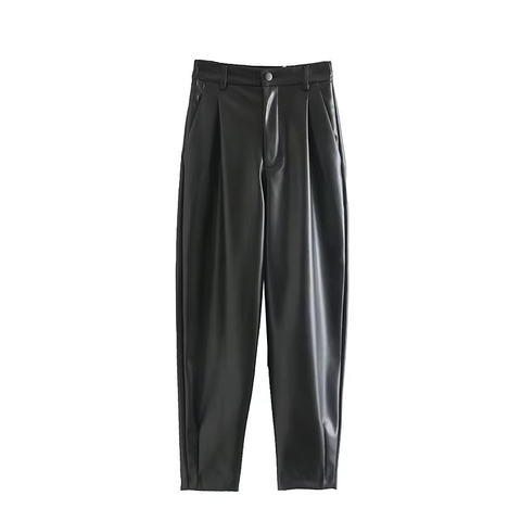 3642 Spring Latest Design Ladies Stylish High Waist Casual Genuine Leather Woman Pants