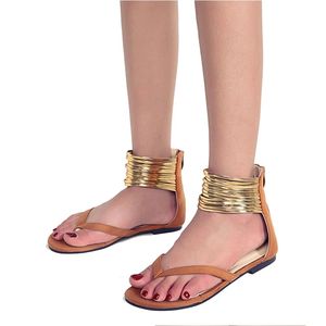 Sandalias Planas de Mujer para Exteriores 2022, con Banda Estrecha Dorada Metálica, Chanclas con Correa en el Tobillo, Color Marrón, Suaves, para Playa y Verano - Product Image 5