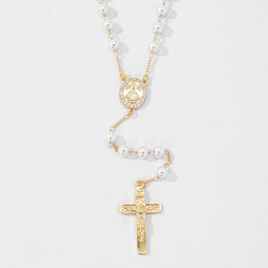 Collares de Rosario con Cuentas de Perlas Católicas, Collares con Colgante de la Virgen de Guadalupe Chapados en Oro, Collares Religiosos - Product Image 5