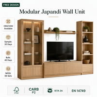 Meuble mural modulaire Japandi de haute qualité sur mesure, vitrine à portes vitrées, console TV cannelée, fabricant OEM