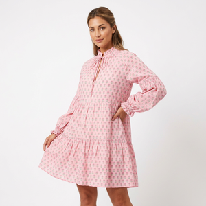 Women's Pink Floral Print Puff Sleeve O-Neck A-Line Mini Dress Modern Natural Waist Sweet Style Casual Woven Cotton Dress - Product Image 1