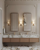 Meuble-lavabo double mural contemporain en bois massif avec vasque en marbre intégrée pour salle de bain