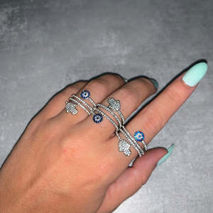 Anello <span class=keywords><strong>a</strong></span> <span class=keywords><strong>vite</strong></span> di alta qualità Micro Pave White Blue Cubic Zirconia 5A CZ Fatima Hamsa Hand Round Eye Rings per gioielli da donna - Product Image 1