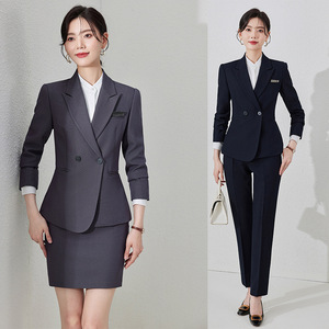 Women's Grey Suit Set Three Quarter Sleeve Autumn Office Lady Anti-Wrinkle Formal Wear - Product Image 1