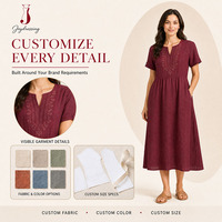 Pabrik Joydressing Gaun Midi Linen Wanita Kustom Bordir Tonal Polos Kasual Lengan Pendek Pinggang Berkerut Model Robe OEM ODM