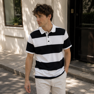 Men's <b>Black</b> White Striped Short Sleeve Cotton <b>Polo</b> <b>Shirt</b> Casual Oxford Woven Breathable Regular Fit - Product Image 1