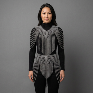 Ensemble haut et jupe en maille métallique moderne plaqué argent, tenue de costume et d'armure tendance pour homme - Product Image 1