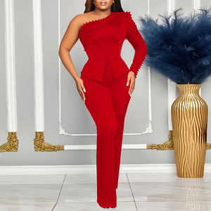 Nuevo Estilo de Verano, Traje de Oficina de Dos Piezas con Hombros Descubiertos y Adornos, <span class=keywords><strong>Talla</strong></span> <span class=keywords><strong>Grande</strong></span>, Estilo Europeo y Americano para Mujer - Product Image 1