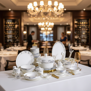 50-Piece Durable Luxury Bone China <b>Dinnerware</b> Set with Scenic Pattern and Gold Trim Wedding Dishwasher Safe for 7-9 People - Product Image 1