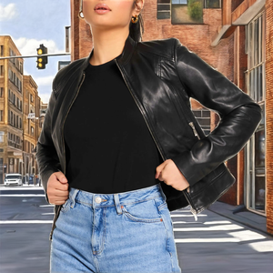 เสื้อแจ็คเก็ตหนังแกะแท้สำหรับผู้หญิง ฤดูหนาว 2025 สไตล์นักขี่มอเตอร์ไซค์ ทรงเข้ารูป กันลม กันน้ำ ซิปด้านหน้า คอจีน - Product Image 2