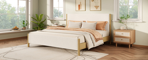 Cama Moderna de Lujo Tapizada en Blanco con Patas de Madera de Caucho, Cama Doble Tamaño Queen - Product Image 6