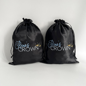 Custom Black Satin Bags with Colorful Logo - <b>Drawstring</b> <b>Pouches</b> for Hair Extensions & Jewelry - Product Image 1
