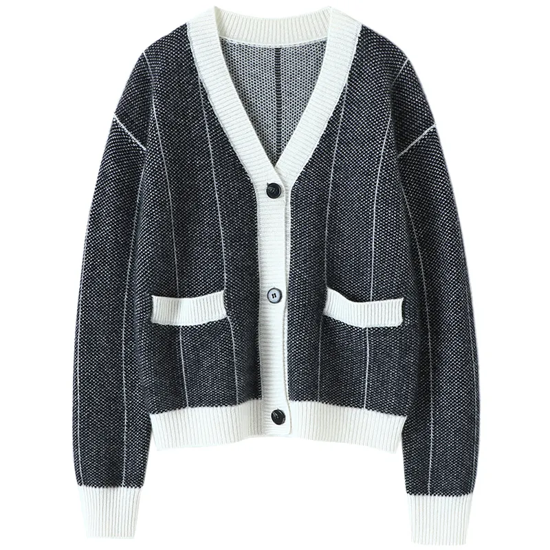 Fashion Loose Jacket Vintage Autumn White Black Contrasting Pocket Oem Women Short Knitted Sweater Cardigan