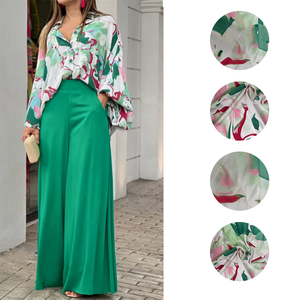 Completo da <span class=keywords><strong>Donna</strong></span> Due Pezzi: Camicia Stampata Casual con Maniche a Pipistrello e Colletto, Pantaloni a Vita Alta e Gamba Larga - Product Image 4