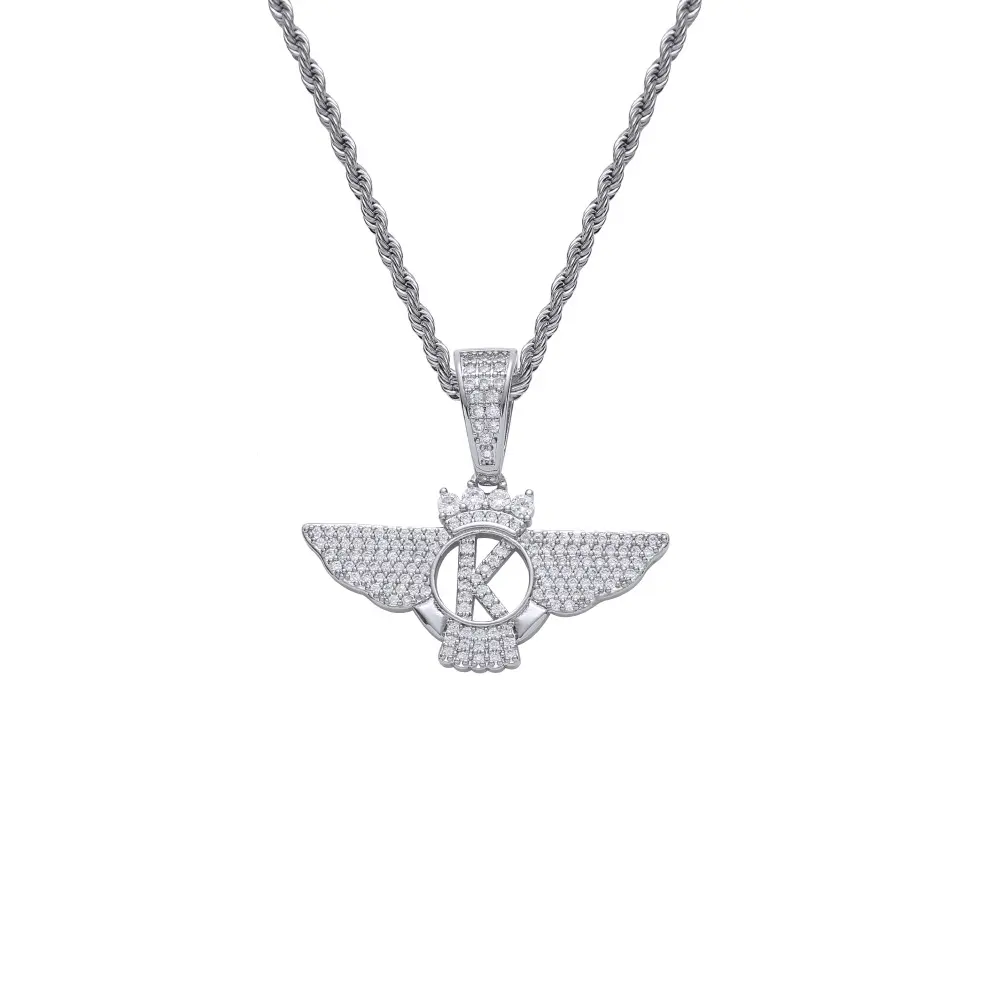 Small Wing Pendant Necklace Hip Hop Jewelry Brass Zircon Rap Stacked Chain With Wings Letter K Pendant